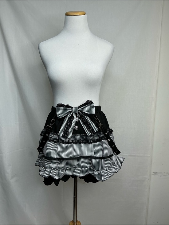 Dresses & Skirts - 2077 - Black & White Striped Ruffle Mini Skirt with Bow